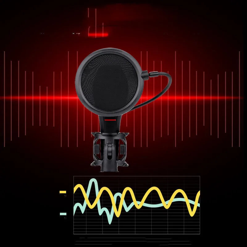 Black wired USB broadcast microphone for live streaming and gaming with noise reduction.