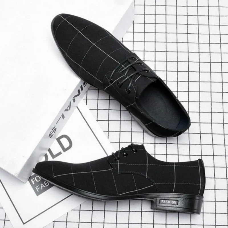 Men's black canvas dress shoes low top with leather-like finish size 38-48