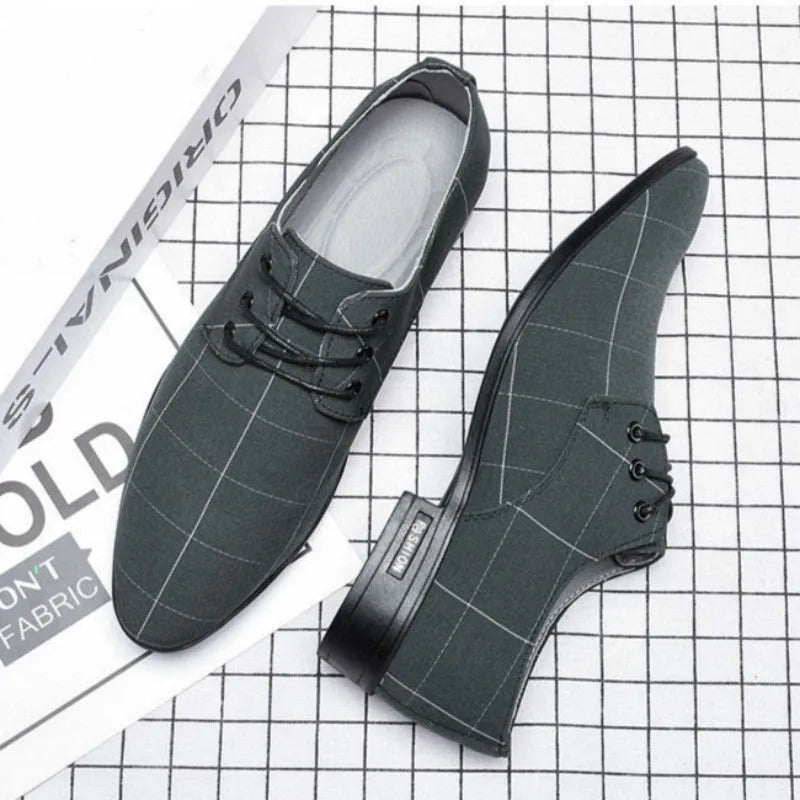 Men's black canvas dress shoes low top with leather-like finish size 38-48