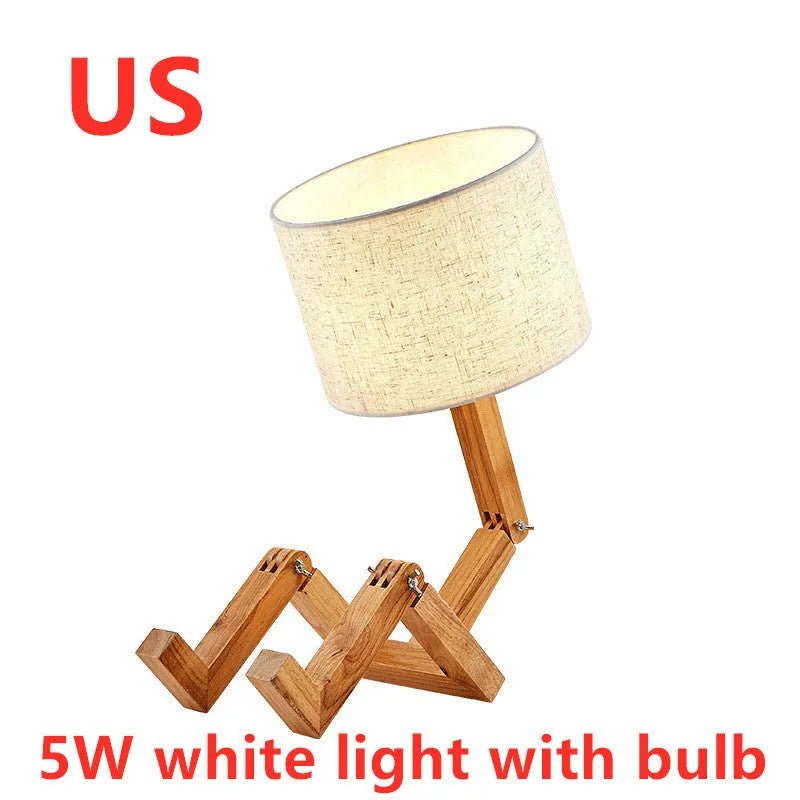 Creative wooden humanoid table lamp with white fabric shade, deformable design, 22x44x16cm