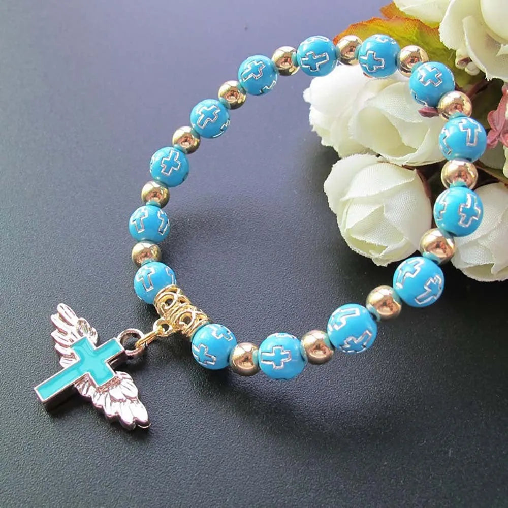 Bronzing acrylic cross bead bracelet with 8mm oil drop beads on white background