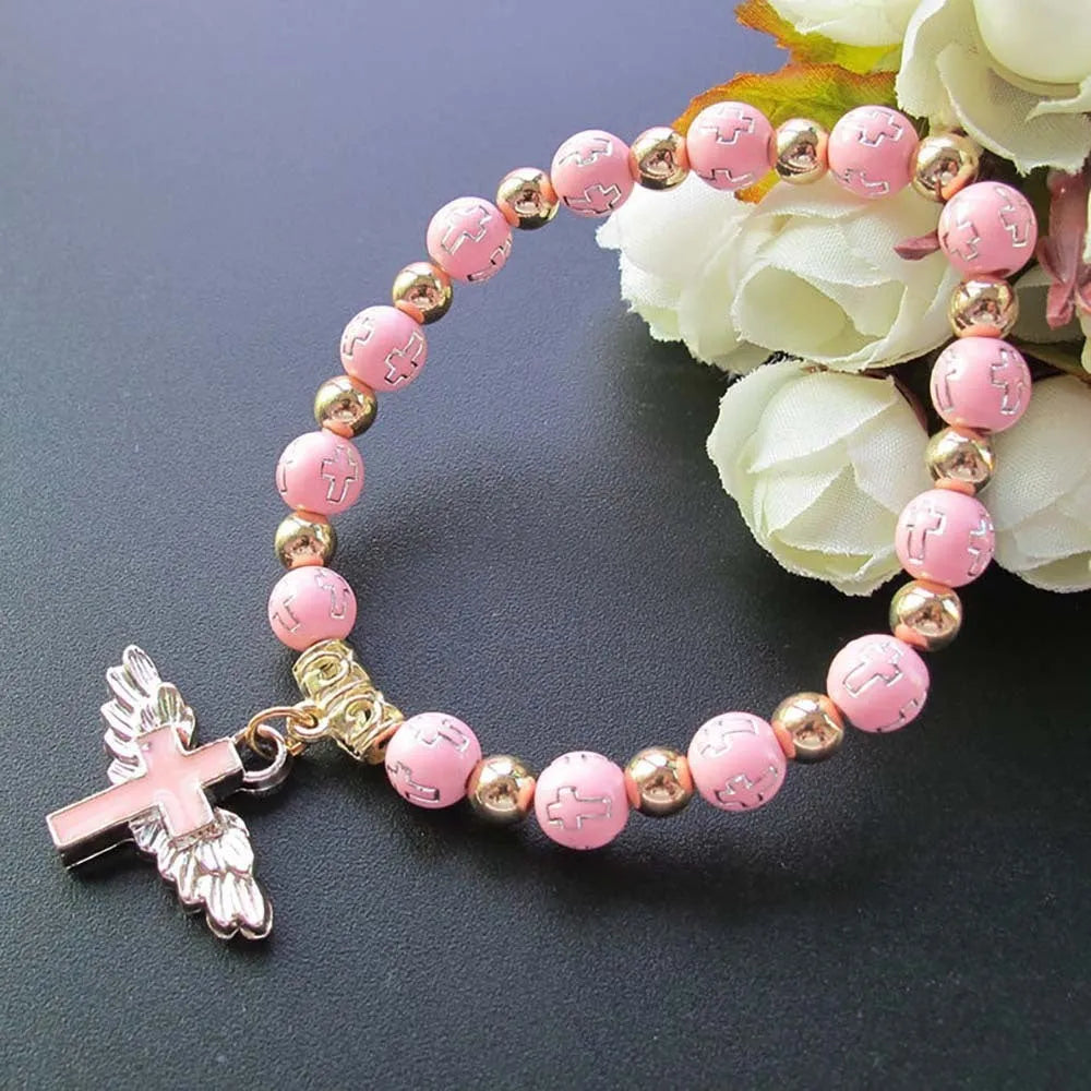 Bronzing acrylic cross bead bracelet with 8mm oil drop beads on white background