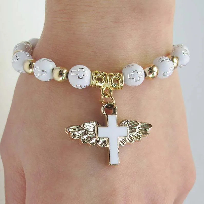 Bronzing acrylic cross bead bracelet with 8mm oil drop beads on white background