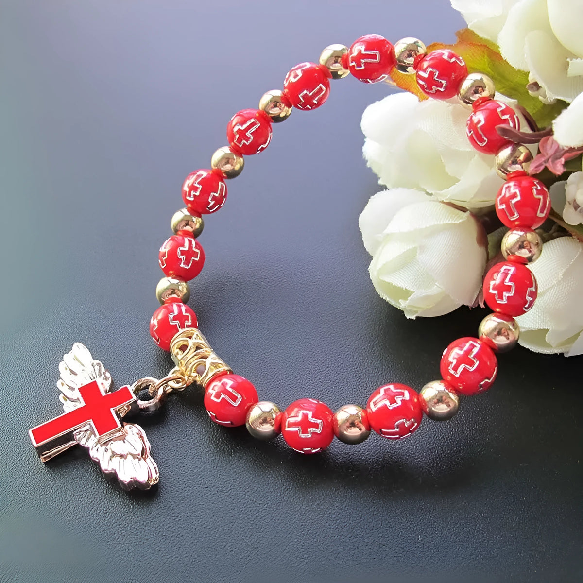 Bronzing acrylic cross bead bracelet with 8mm oil drop beads on white background