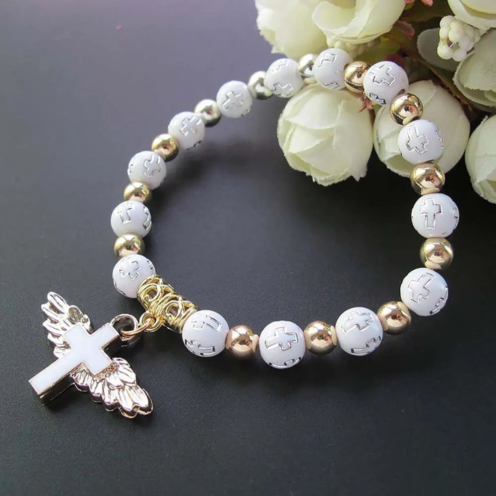 Bronzing acrylic cross bead bracelet with 8mm oil drop beads on white background