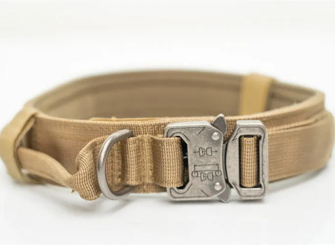 Nylon dog collar in khaki for large medium dogs with metal buckle and D-ring