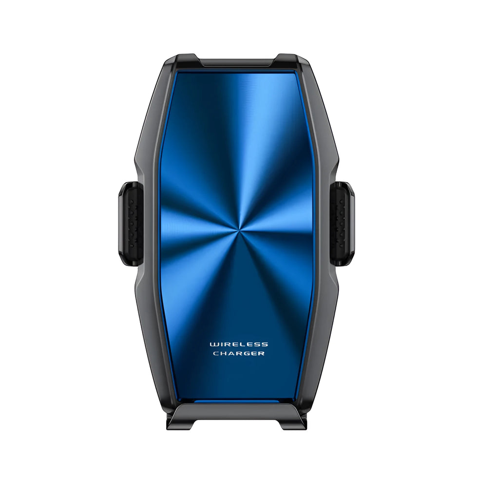 Blue car wireless charger with phone holder showing LED charging indicator