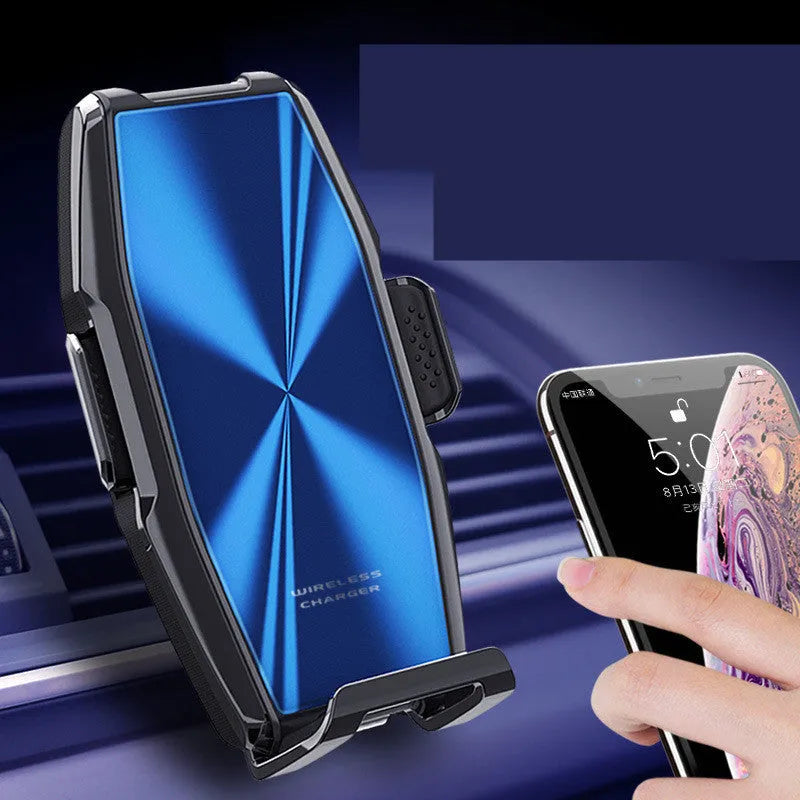 Blue car wireless charger with phone holder showing LED charging indicator