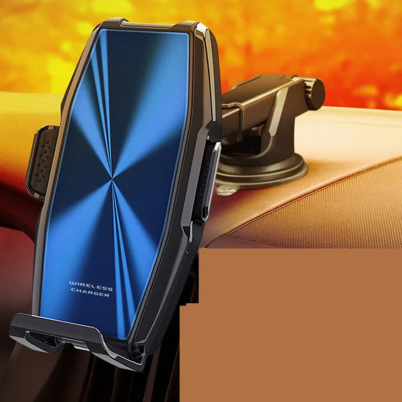 Blue car wireless charger with phone holder showing LED charging indicator