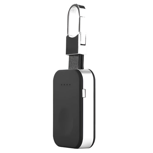 Black Apple Watch wireless keychain power bank on a keyring showing its compact size.