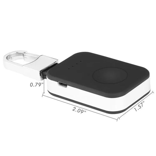 Black Apple Watch wireless keychain power bank on a keyring showing its compact size.