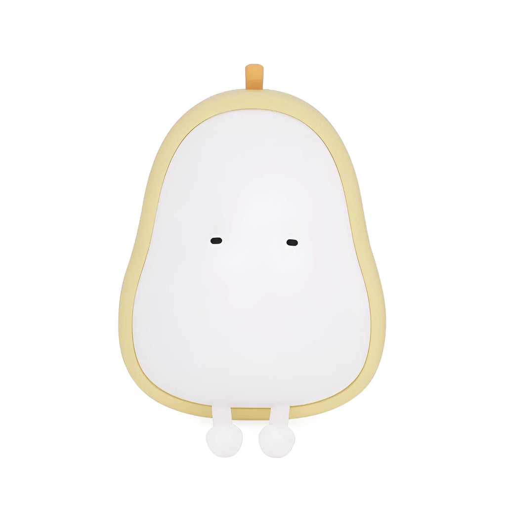 Yali pear-shaped silicone night light with warm yellow illumination on bedside table
