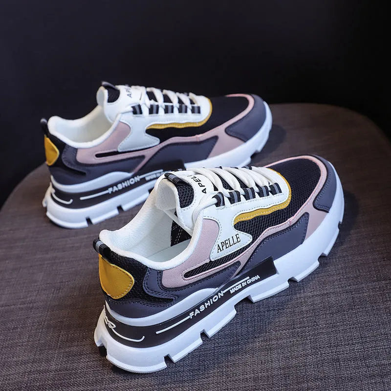 Women's white mesh lace-up casual sneakers with mid heel, side view