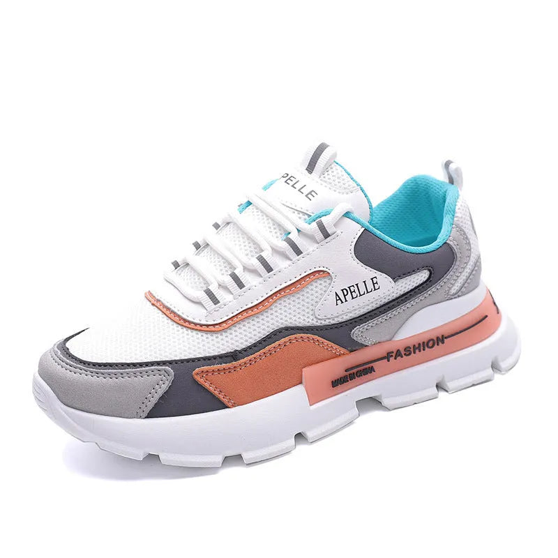 Women's white mesh lace-up casual sneakers with mid heel, side view