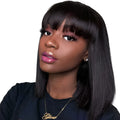 Unice black human hair wig showing 10 inch length with included headgear