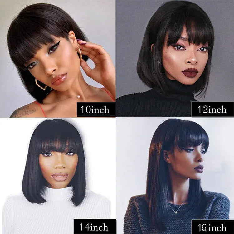 Unice black human hair wig showing 10 inch length with included headgear