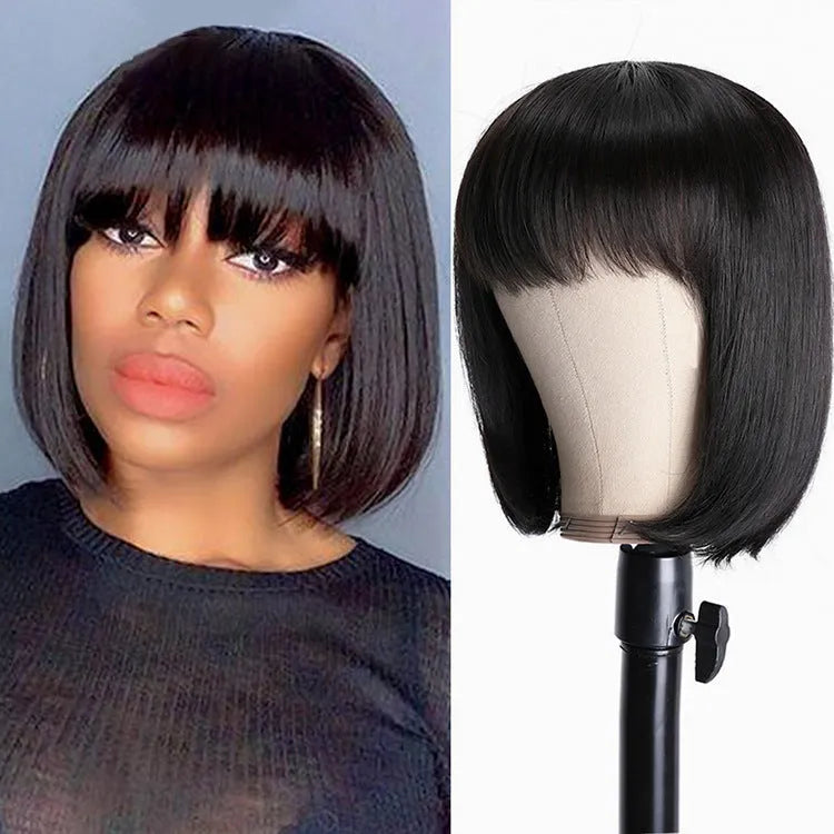 Unice black human hair wig showing 10 inch length with included headgear