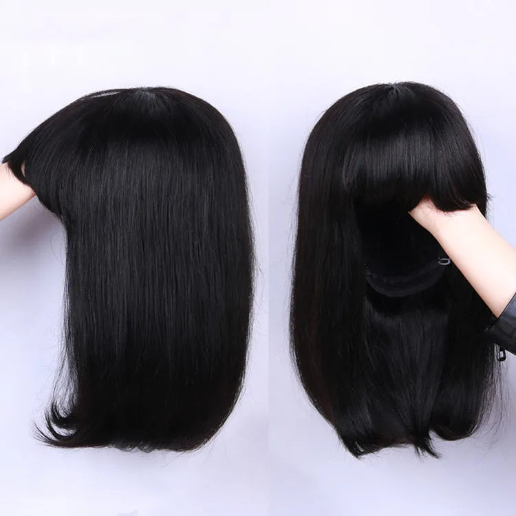 Unice black human hair wig showing 10 inch length with included headgear