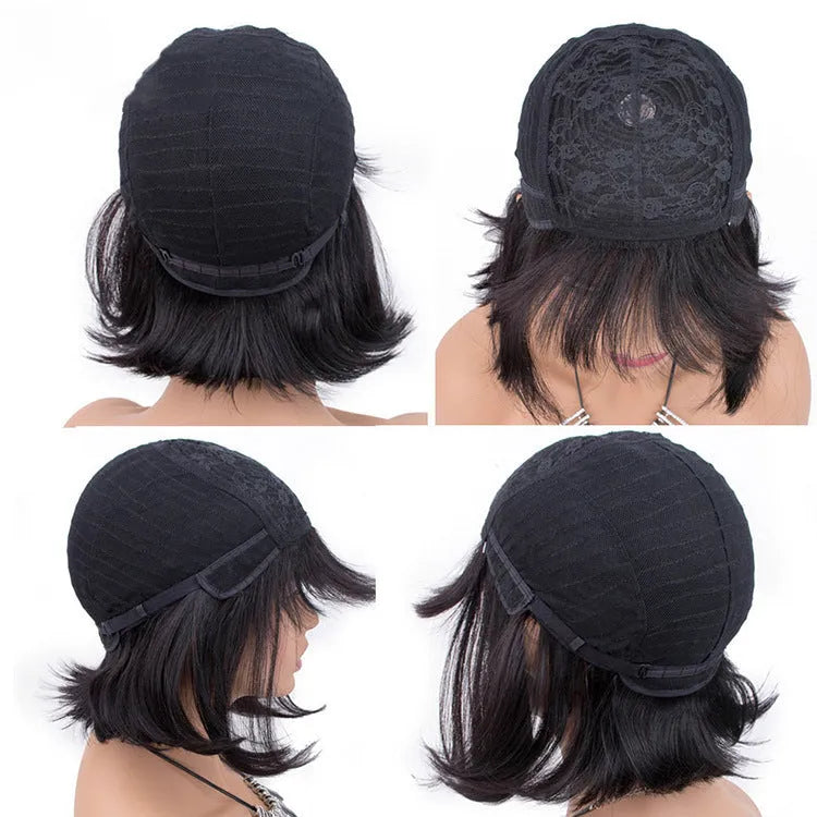 Unice black human hair wig showing 10 inch length with included headgear