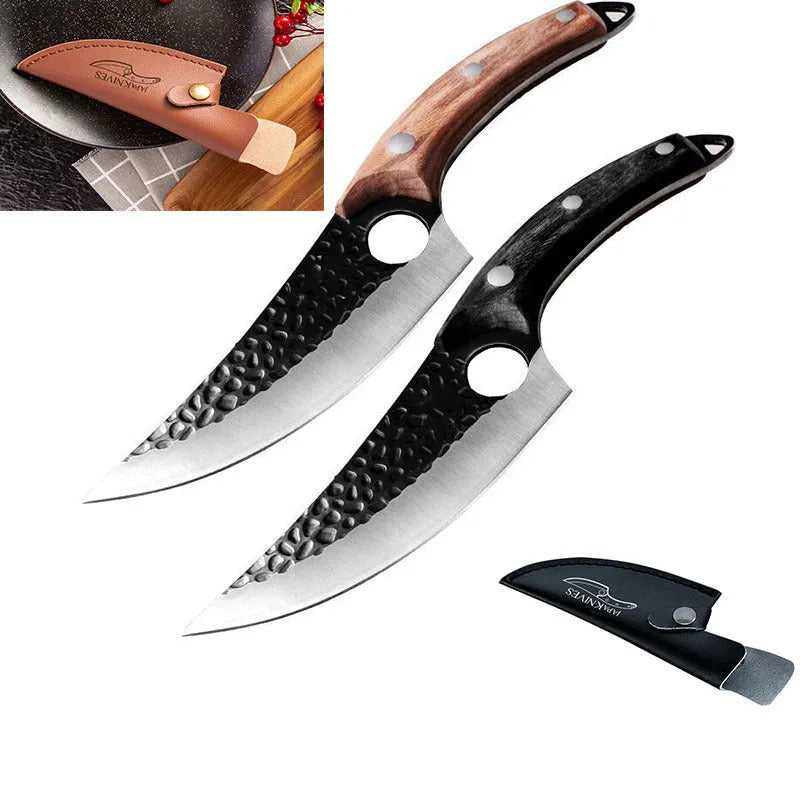 Curved boning butcher knife with hammer-pattern blade and brown leather sheath on a cutting board.