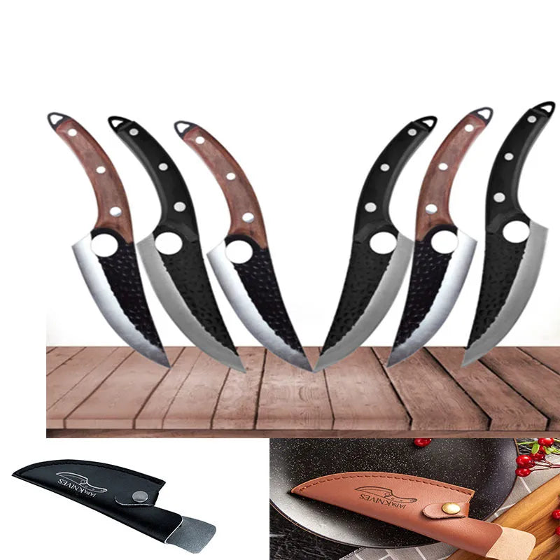 Curved boning butcher knife with hammer-pattern blade and brown leather sheath on a cutting board.