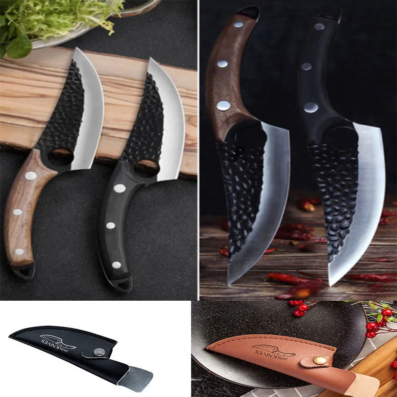 Curved boning butcher knife with hammer-pattern blade and brown leather sheath on a cutting board.