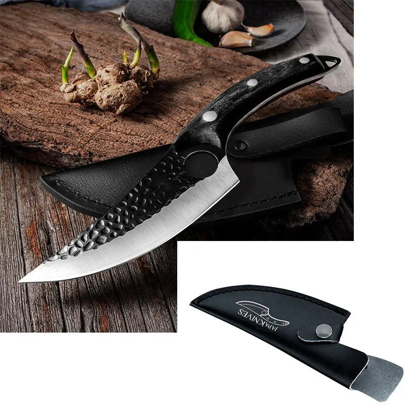Curved boning butcher knife with hammer-pattern blade and brown leather sheath on a cutting board.