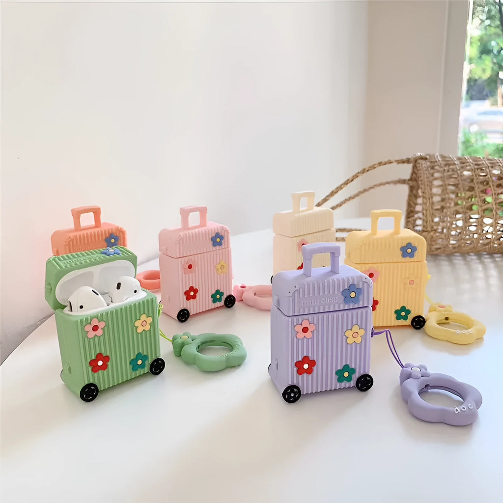 Silicone AirPods protective case in flip-style design showing colour options including pink, purple, white, green, orange, and yellow