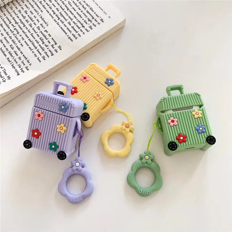 Silicone AirPods protective case in flip-style design showing colour options including pink, purple, white, green, orange, and yellow
