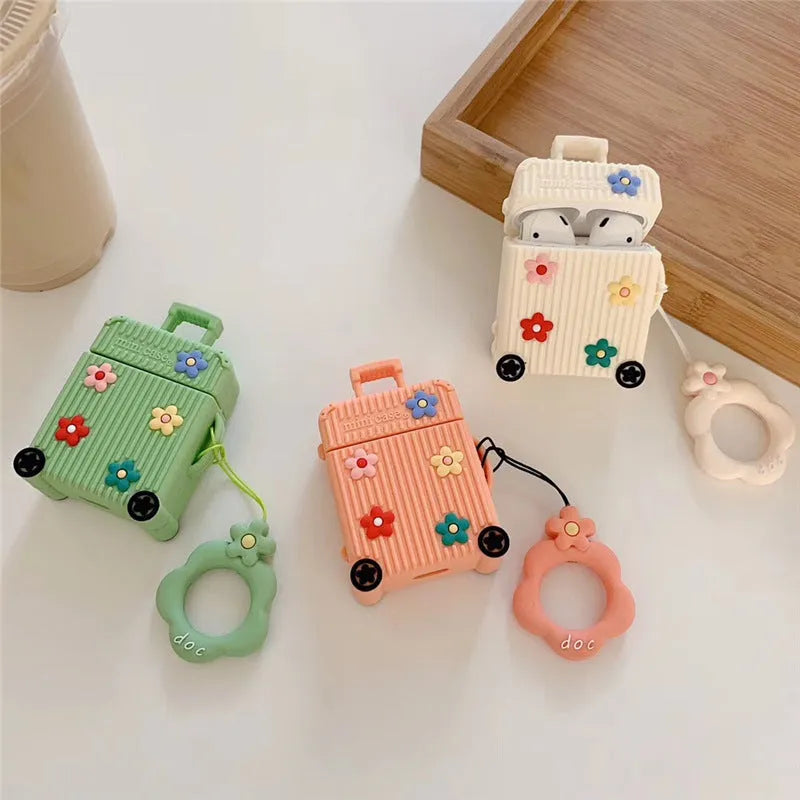 Silicone AirPods protective case in flip-style design showing colour options including pink, purple, white, green, orange, and yellow