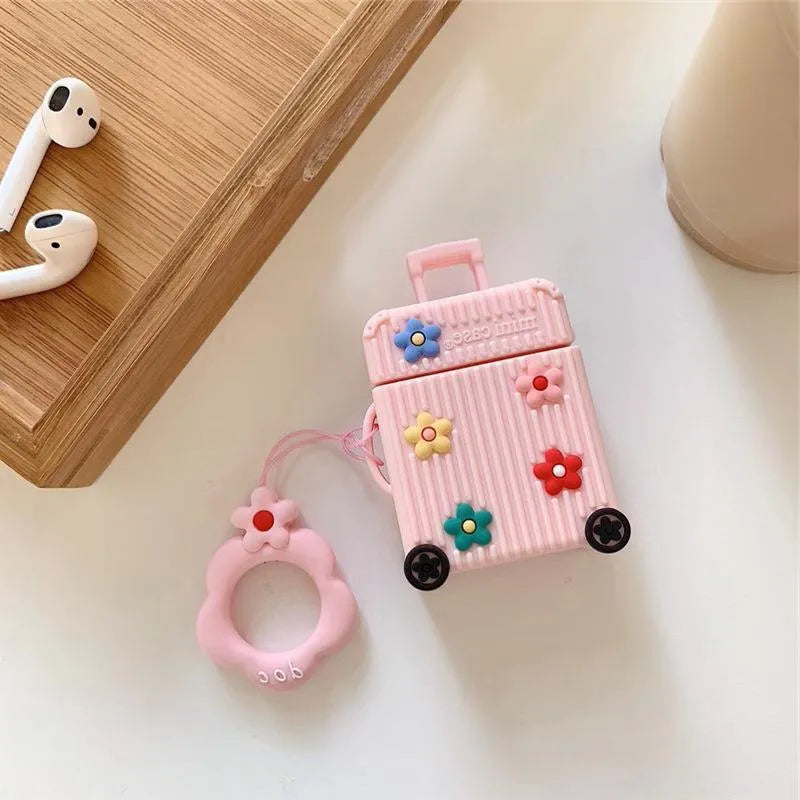 Silicone AirPods protective case in flip-style design showing colour options including pink, purple, white, green, orange, and yellow