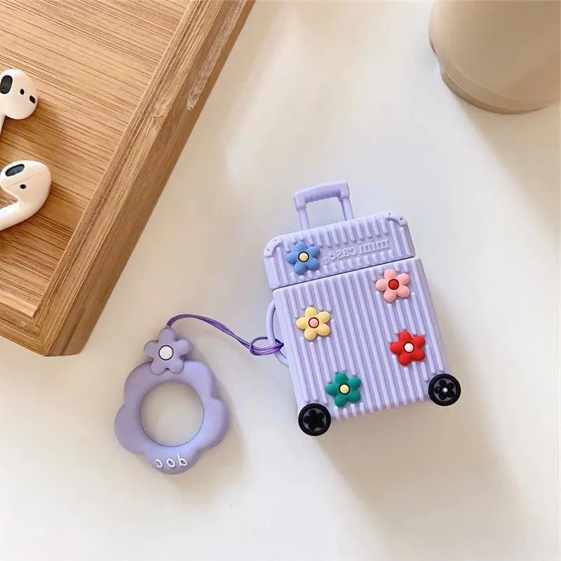 Silicone AirPods protective case in flip-style design showing colour options including pink, purple, white, green, orange, and yellow