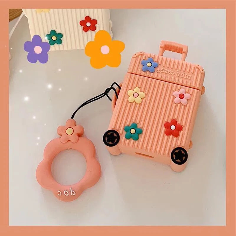 Silicone AirPods protective case in flip-style design showing colour options including pink, purple, white, green, orange, and yellow