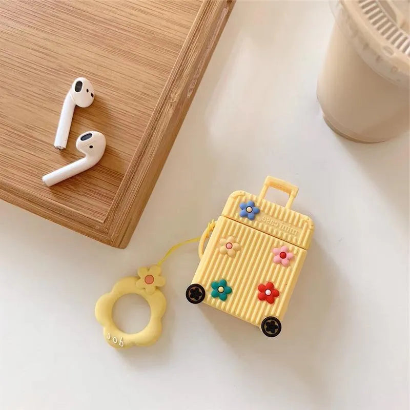 Silicone AirPods protective case in flip-style design showing colour options including pink, purple, white, green, orange, and yellow
