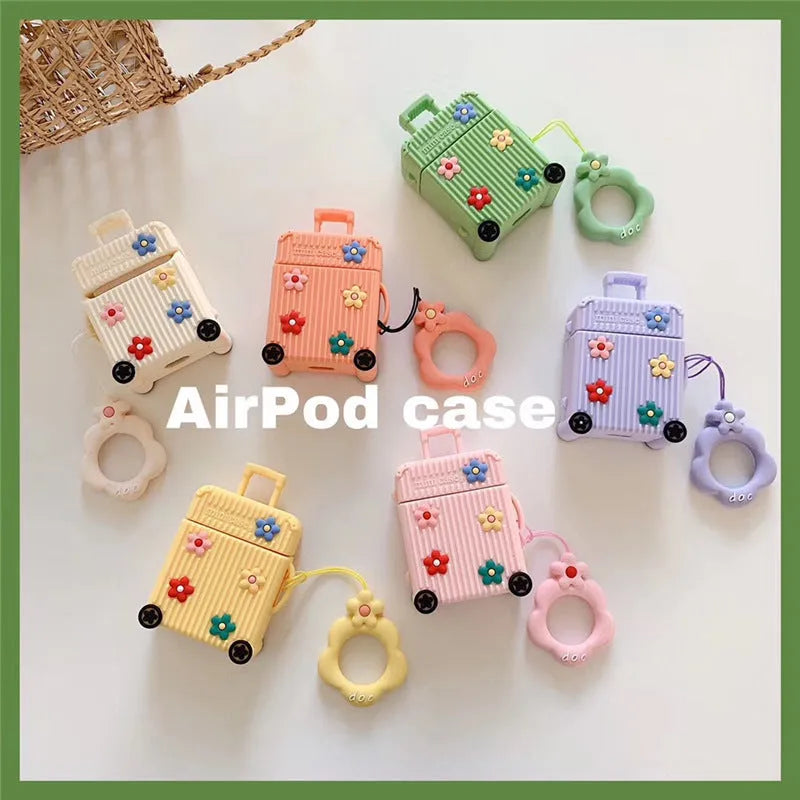 Silicone AirPods protective case in flip-style design showing colour options including pink, purple, white, green, orange, and yellow