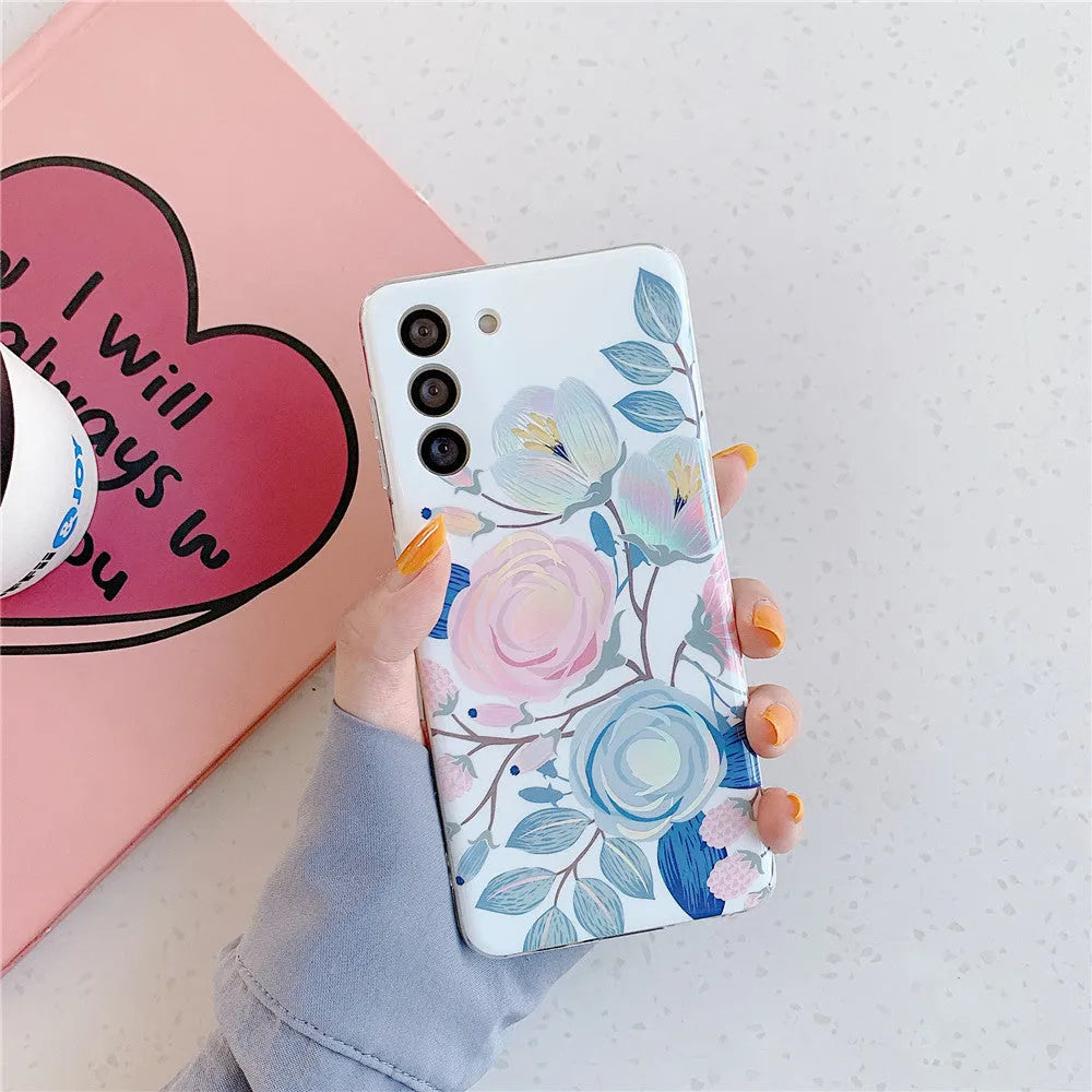 Blue TPU phone case with laser flower pattern for iPhone and Samsung Galaxy