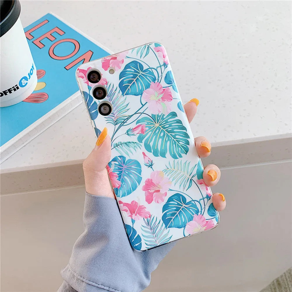 Blue TPU phone case with laser flower pattern for iPhone and Samsung Galaxy