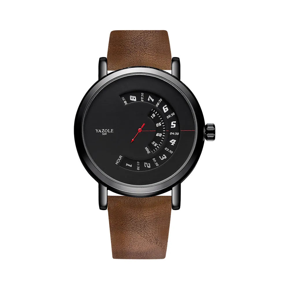 Men's waterproof quartz watch with turntable design showing metal case and clear dial