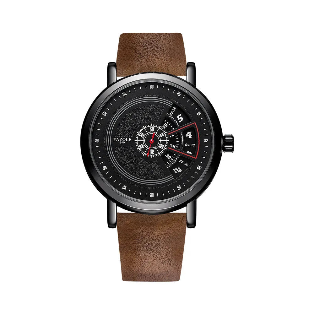 Men's waterproof quartz watch with turntable design showing metal case and clear dial