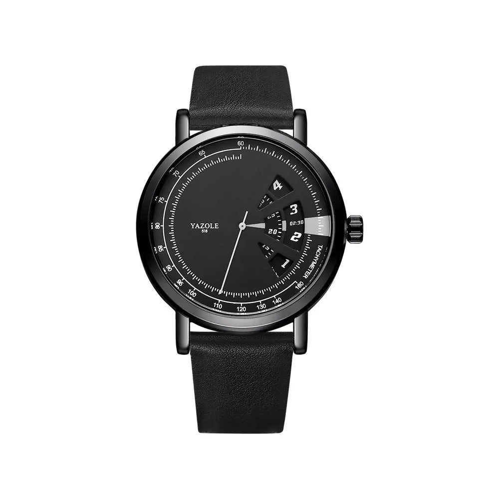 Men's waterproof quartz watch with turntable design showing metal case and clear dial