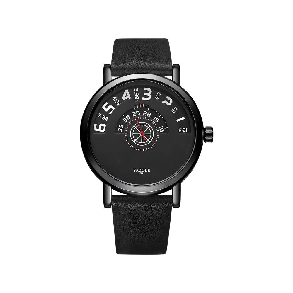 Men's waterproof quartz watch with turntable design showing metal case and clear dial