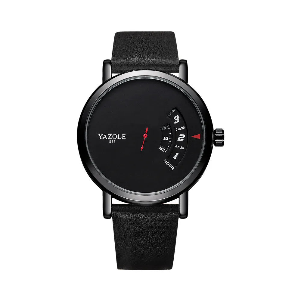 Men's waterproof quartz watch with turntable design showing metal case and clear dial
