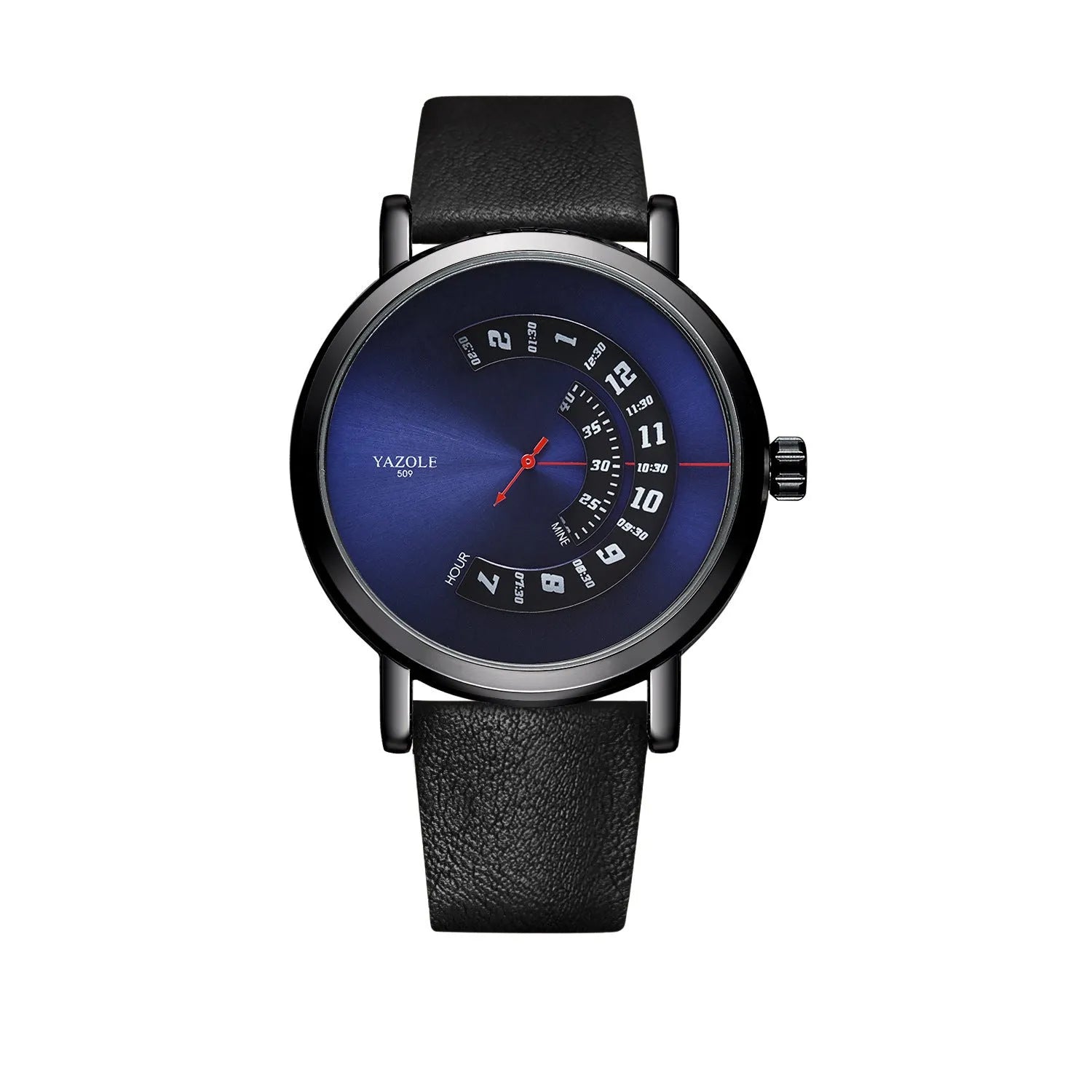 Men's waterproof quartz watch with turntable design showing metal case and clear dial