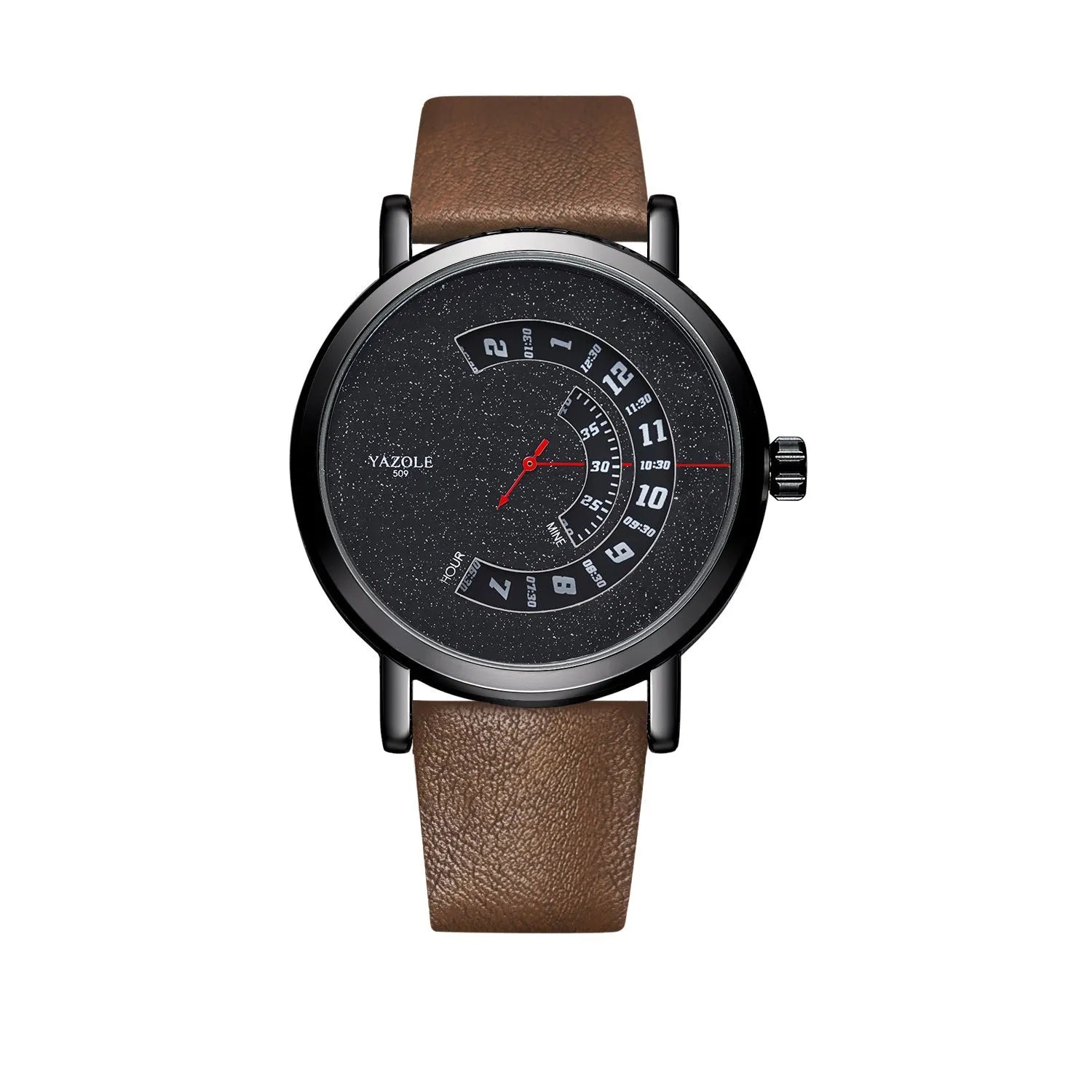 Men's waterproof quartz watch with turntable design showing metal case and clear dial