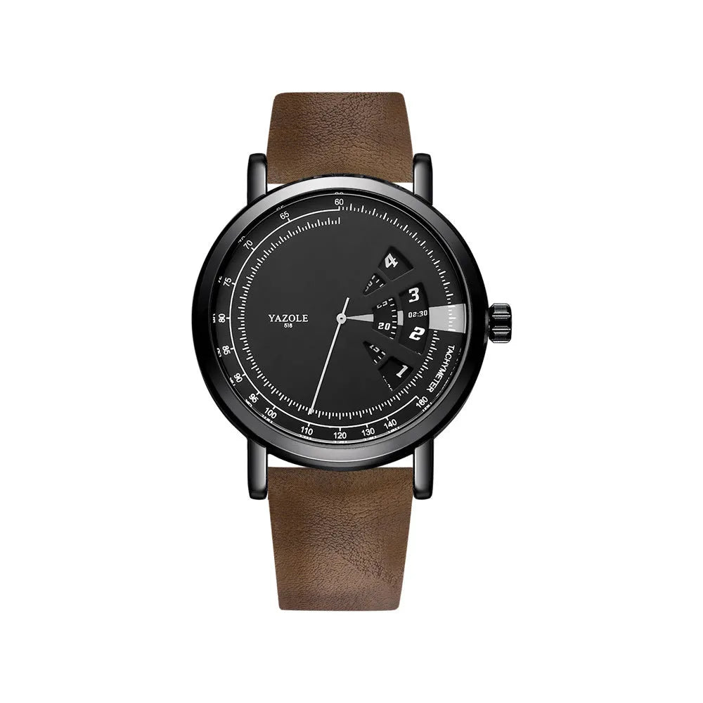Men's waterproof quartz watch with turntable design showing metal case and clear dial