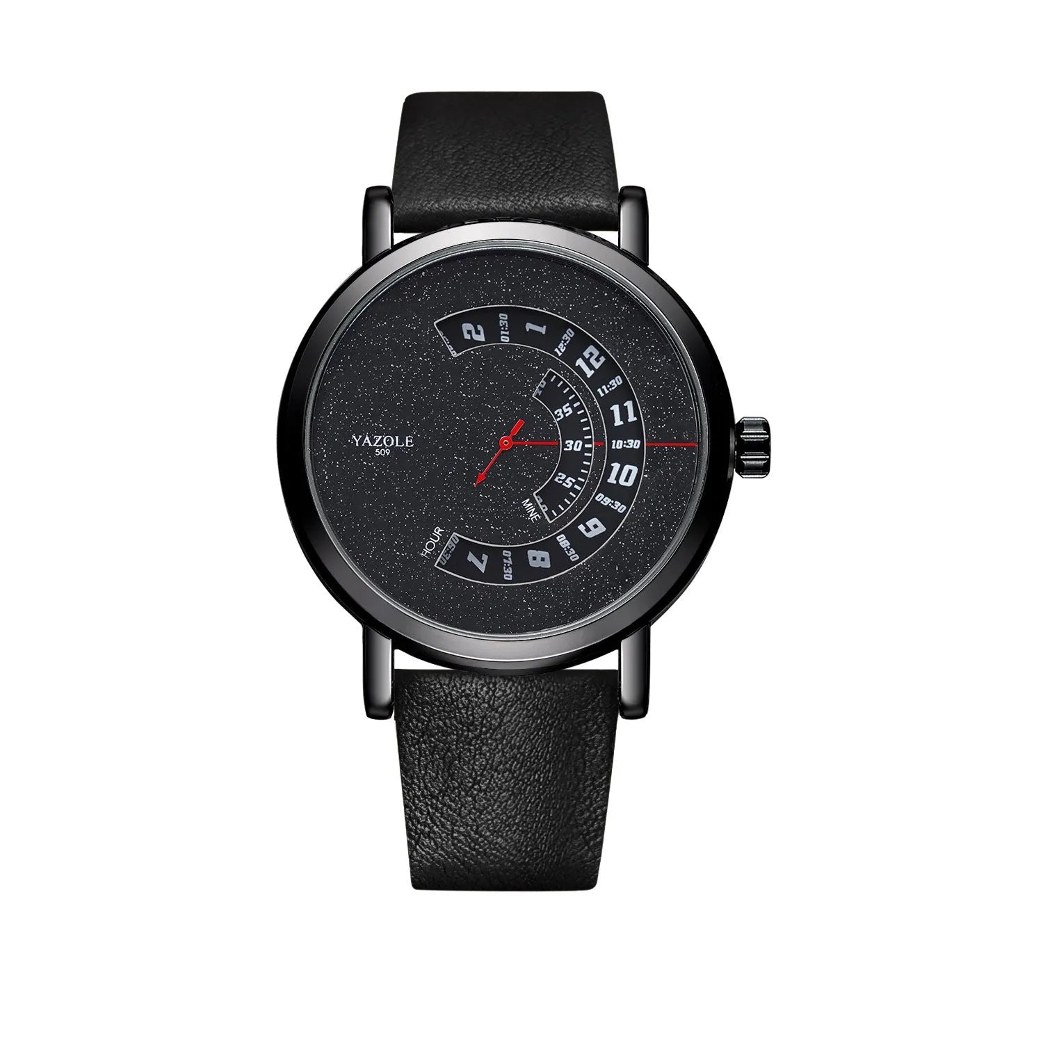 Men's waterproof quartz watch with turntable design showing metal case and clear dial
