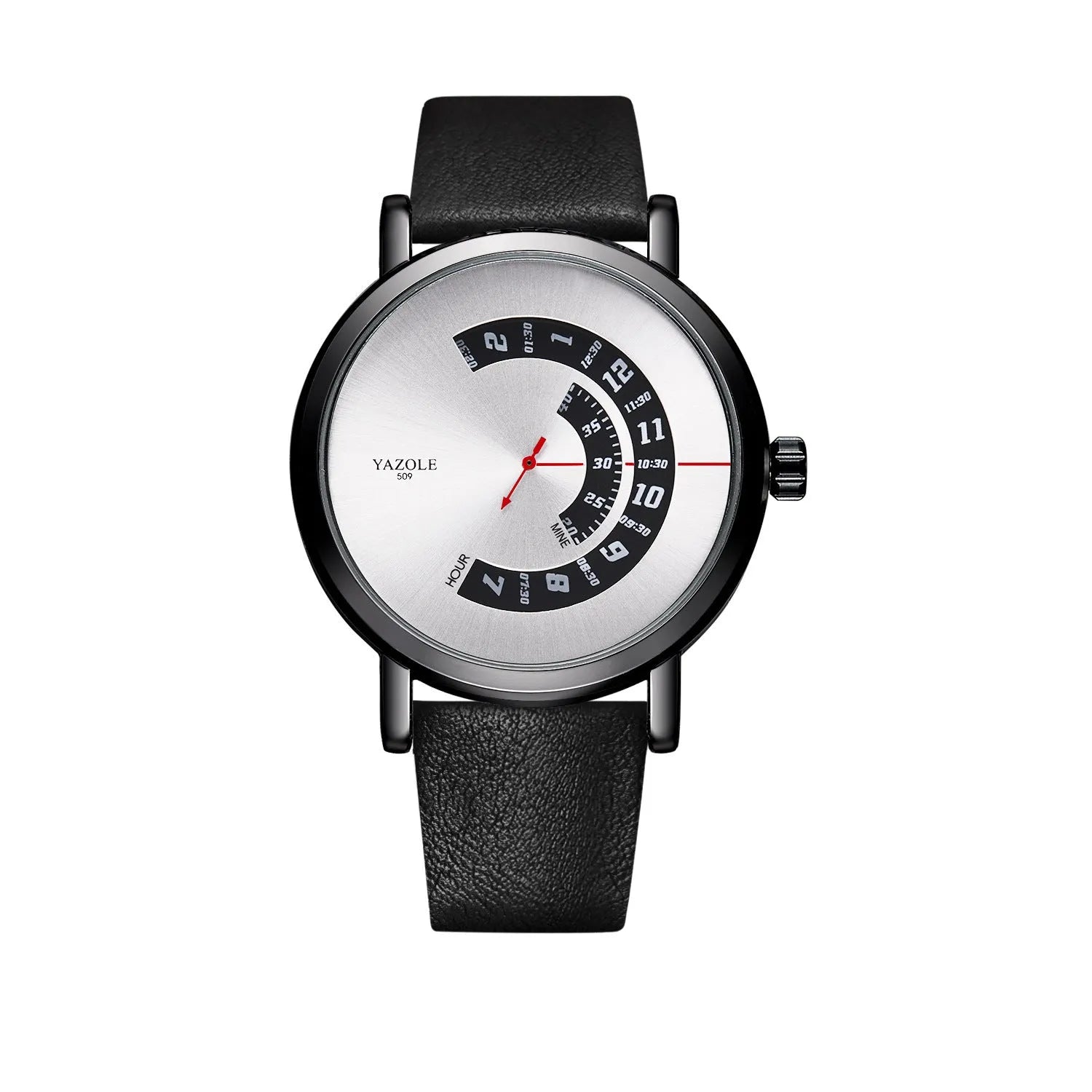 Men's waterproof quartz watch with turntable design showing metal case and clear dial