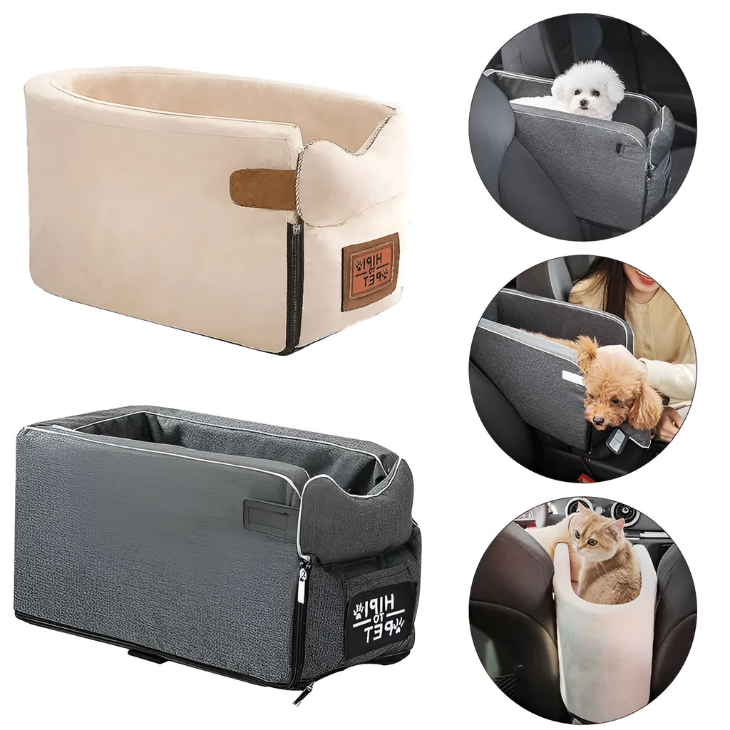 Beige dog car seat pet carrier with zipper and safety buckle for small dogs on car seat