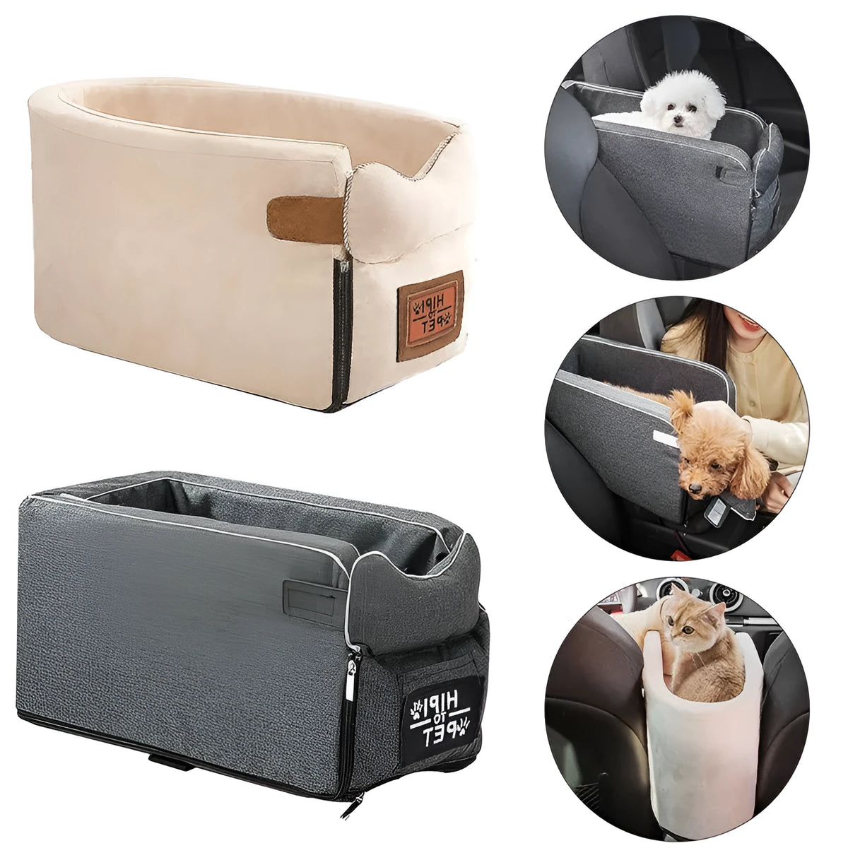 Beige dog car seat pet carrier with zipper and safety buckle for small dogs on car seat