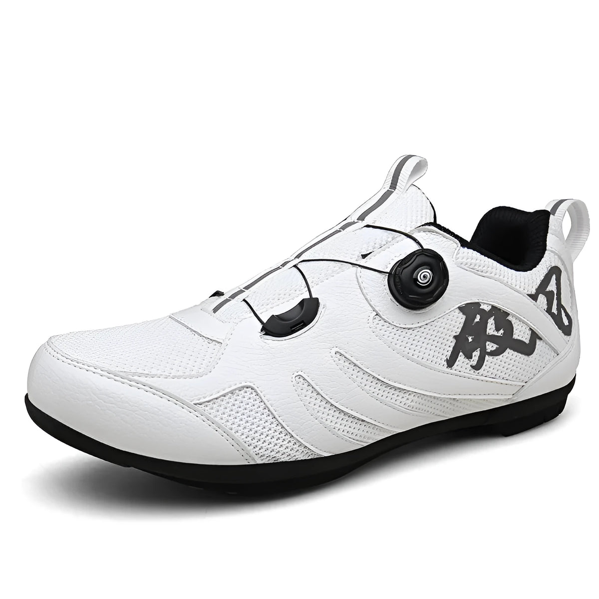 Unisex cycling shoes with rubber sole and microfiber fabric upper in black, available in sizes 36 to 44